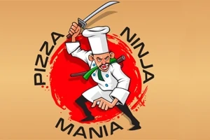 Kreslená postava kuchaře v bílém oblečení s mečem, na pozadí červeného kruhu s textem Pizza Ninja Mania