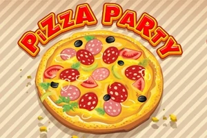 Pizza s různými ingrediencemi jako salám, rajčata, olivy a papriky na pruhovaném pozadí s nápisem Pizza Party