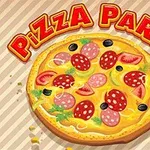 Pizza s různými ingrediencemi jako salám, rajčata, olivy a papriky na pruhovaném pozadí s nápisem Pizza Party