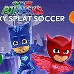 Tři superhrdinové v barevných kostýmech na nočním pozadí města s nápisem Sticky Splat Soccer