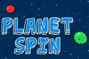 Nápis PLANET SPIN na tmavě modrém pozadí s hvězdami a dvěma pixelovanými planetami