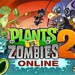 Kreslené postavičky rostlin a zombie na barevném pozadí s velkým nápisem uprostřed