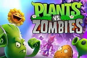 Barevný obrázek s postavami rostlin, slunečnice, brambory a zombie na barevném pozadí s velkým nápisem Plants vs
