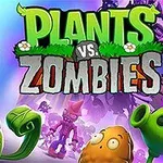 Barevný obrázek s postavami rostlin, slunečnice, brambory a zombie na barevném pozadí s velkým nápisem Plants vs