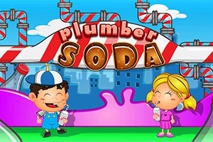 Dvě kreslené děti pijící sodu před nápisem Plumber Soda s potrubím a mraky v pozadí