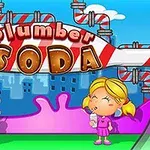 Dvě kreslené děti pijící sodu před nápisem Plumber Soda s potrubím a mraky v pozadí