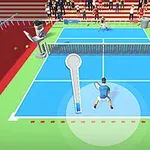 Postavičky hrají tenis na modrém hřišti obklopeném červenými a zelenými tribunami s diváky