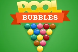 Barevné koule uspořádané do trojúhelníku s nápisem POOL BUBBLES na zeleném pozadí