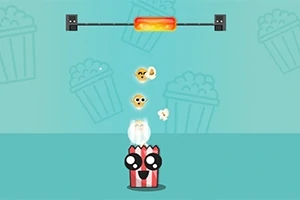Roztomilý popcorn v červenobílé krabičce s velkýma očima skáče směrem k horké plotýnce na modrém pozadí s motivem popcornu