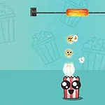 Roztomilý popcorn v červenobílé krabičce s velkýma očima skáče směrem k horké plotýnce na modrém pozadí s motivem popcornu
