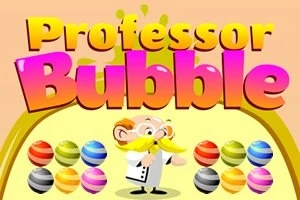 Barevný nápis Professor Bubble a postavička profesora s bílým pláštěm a červenými, modrými a žlutými bublinami kolem