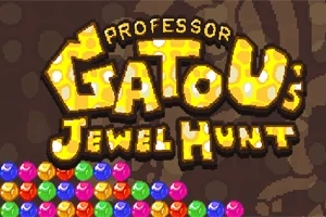 Název hry Professor Gatous Jewel Hunt na hnědém pozadí s řadou barevných drahokamů ve spodní části