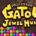 Název hry Professor Gatous Jewel Hunt na hnědém pozadí s řadou barevných drahokamů ve spodní části