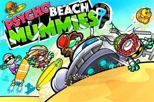 Komiksový obrázek s barevnými postavičkami na písečné pláži s létajícím talířem a nápisem Psycho Beach Mummies