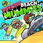 Komiksový obrázek s barevnými postavičkami na písečné pláži s létajícím talířem a nápisem Psycho Beach Mummies