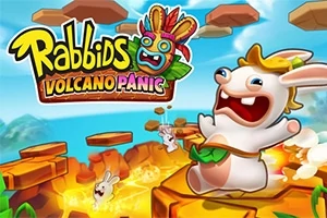 Králíci s vystrašenými výrazy skáčou po lávových plošinách s názvem a maskou ve stylu domorodého kmene nahoře