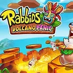 Králíci s vystrašenými výrazy skáčou po lávových plošinách s názvem a maskou ve stylu domorodého kmene nahoře