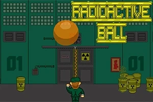 Postava v zelené uniformě stojí před oranžovým míčem v průmyslovém prostředí s cedulí RADIOACTIVE BALL a žlutými sudy kolem