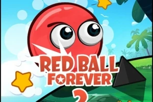 Červená koule s velkýma očima, hvězdy a text Red Ball Forever na pozadí přírodního prostředí