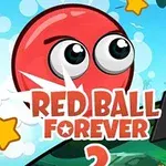 Červená koule s velkýma očima, hvězdy a text Red Ball Forever na pozadí přírodního prostředí