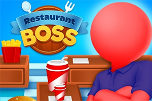 Červená postava v modré košili stojící před dřevěnými pultíky s hranolkami a nápoji na modrém pozadí s nápisem Restaurant Boss