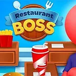 Červená postava v modré košili stojící před dřevěnými pultíky s hranolkami a nápoji na modrém pozadí s nápisem Restaurant Boss