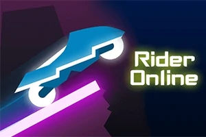 Modré auto s neonovými světly skáče na růžové rampě se zeleným nápisem Rider Online