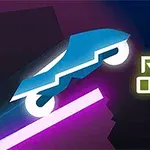 Modré auto s neonovými světly skáče na růžové rampě se zeleným nápisem Rider Online