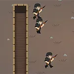 Tři kreslené postavičky vojáků s puškami v černé uniformě stojí před zákopy na hnědém pozadí