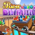 Košík plný barevných drahokamů na kolejích v kaňonu s nápisem River Diamonds