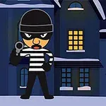 Kreslená postava lupiče v pruhovaném oblečení a s černou maskou stojí před tmavým domem s osvětlenými okny