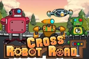 Tři kreslení roboti stojí na silnici s nápisem Cross Robot Road před zalesněnou krajinou s modrou oblohou