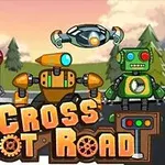 Tři kreslení roboti stojí na silnici s nápisem Cross Robot Road před zalesněnou krajinou s modrou oblohou