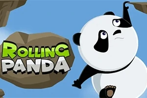 Panda se natahuje ke skále s nápisem Rolling Panda na modrém pozadí