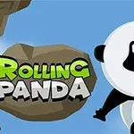 Panda se natahuje ke skále s nápisem Rolling Panda na modrém pozadí