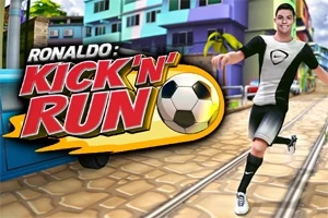 Muž v sportovním oblečení běží po ulici s logem Kick N Run a fotbalovým míčem v popředí