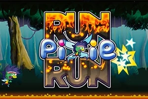 Barevný lesní pozadí s nápisem Run Pixie Run a pohádkovými postavami
