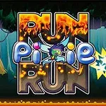 Barevný lesní pozadí s nápisem Run Pixie Run a pohádkovými postavami