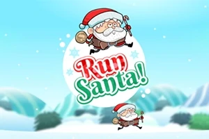 Santa Claus skáče s vánoční čepicí v zasněžené krajině s nápisem Run Santa!