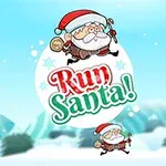 Santa Claus skáče s vánoční čepicí v zasněžené krajině s nápisem Run Santa!