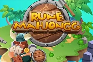Barevný ostrov s bujnou vegetací, dřevěným štítem a nápisem Rune Mahjongg uprostřed