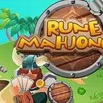 Barevný ostrov s bujnou vegetací, dřevěným štítem a nápisem Rune Mahjongg uprostřed