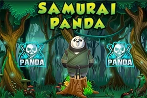 Panda oblečená jako samuraj stojí na pařezu v lese s nápisem Samurai Panda nahoře