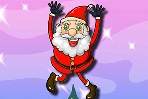 Veselý Santa Claus s roztaženýma rukama skáče na pozadí s růžovými a fialovými hvězdami