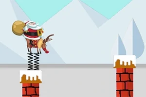 Santa Claus na pružině skáče mezi zasněženými komíny proti pozadí hor