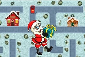 Santa Claus nese dárek bludištěm se zasněženou cestou, obklopený vánočními domky