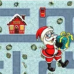 Santa Claus nese dárek bludištěm se zasněženou cestou, obklopený vánočními domky