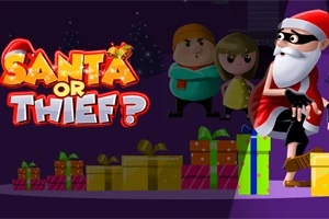 Barevný obrázek s maskovaným Santa Clausem obklopeným dárky a dvěma animovanými postavami v pozadí