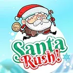 Kreslený Santa Claus s pytlem dárků a holí, text „Santa Rush!