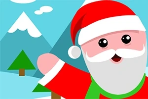 Kreslený obrázek usmívajícího se Santy Clause mávajícího v zasněžené krajině s horami a stromy